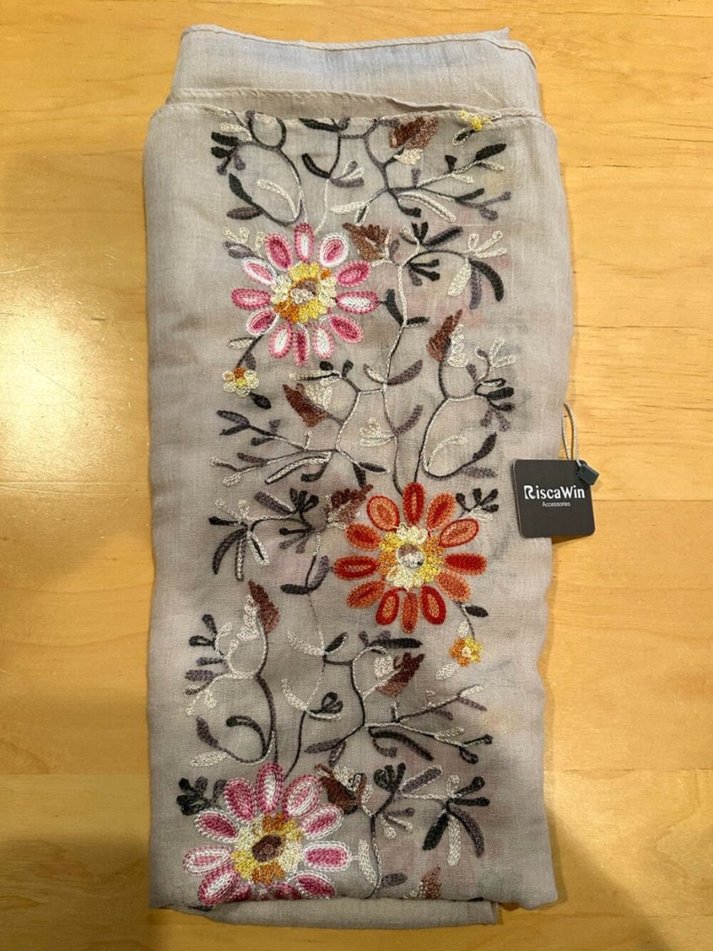 RiscaWin Oversized Beige Floral Embroidered Scarf Shawl Wrap Boho 36x70 - Picture 6 of 11